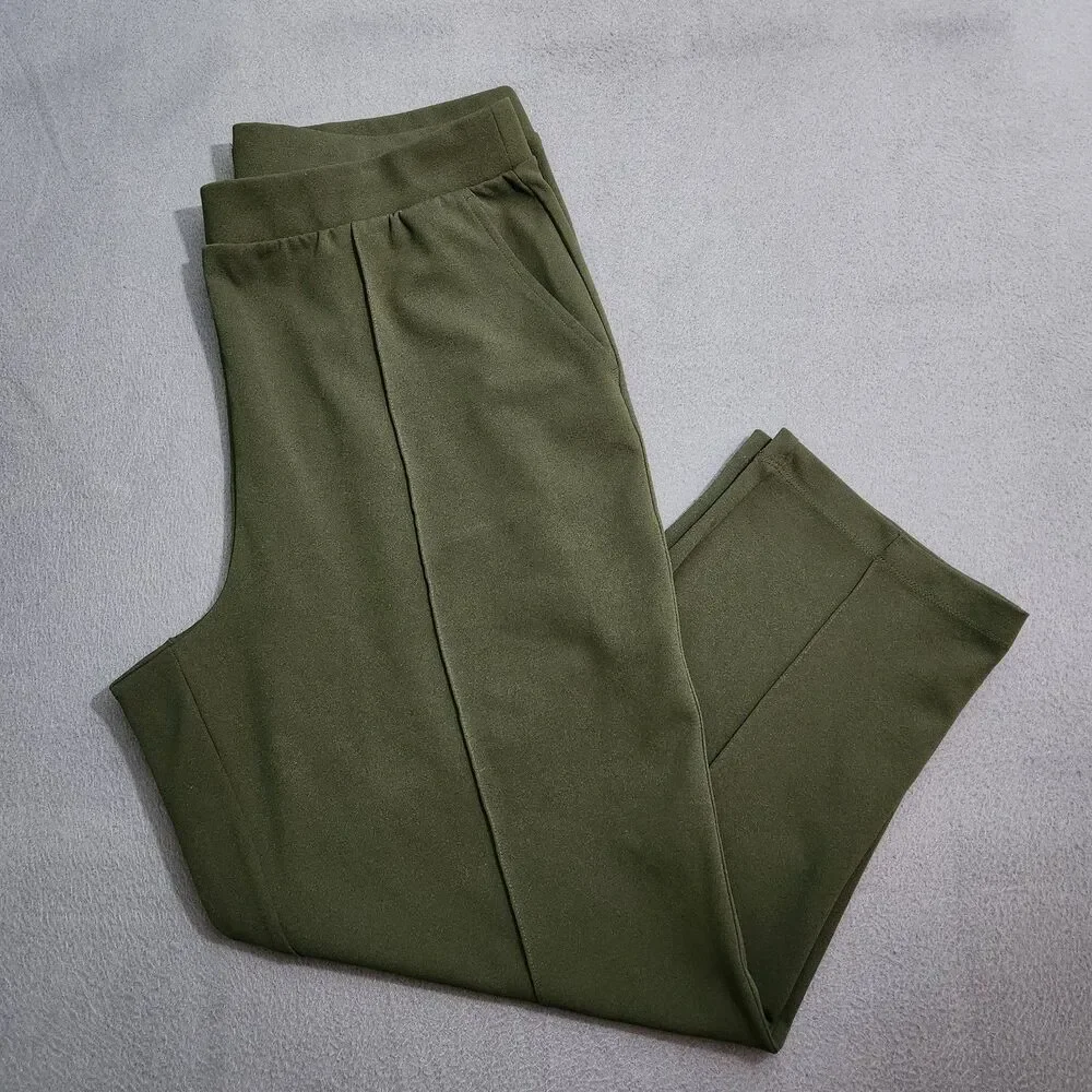 LOFT Women XL Green Pintucked High Rise Straight Leg Elastic Waist Pull On Pants - Picture 1 of 10
